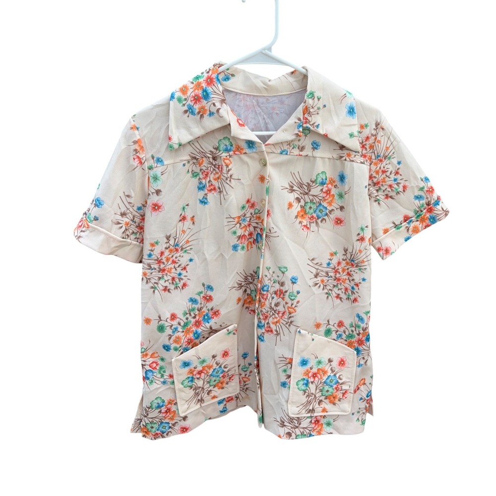 Vintage Blouse 70s Retro Floral Cream Short‎ Sleeve Pocket Top
